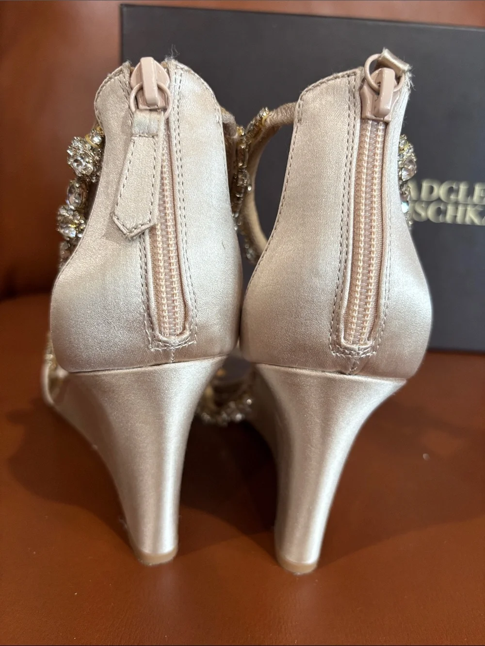 Badgley Mischka Champagne Satin Crystal Embellished Wedges